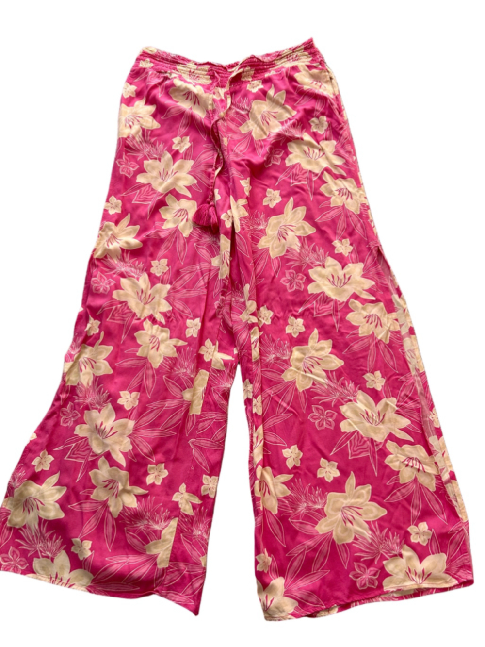 Roxy Pink Floral Wide Leg Palazzo Pants Smocked Waist Viscose L